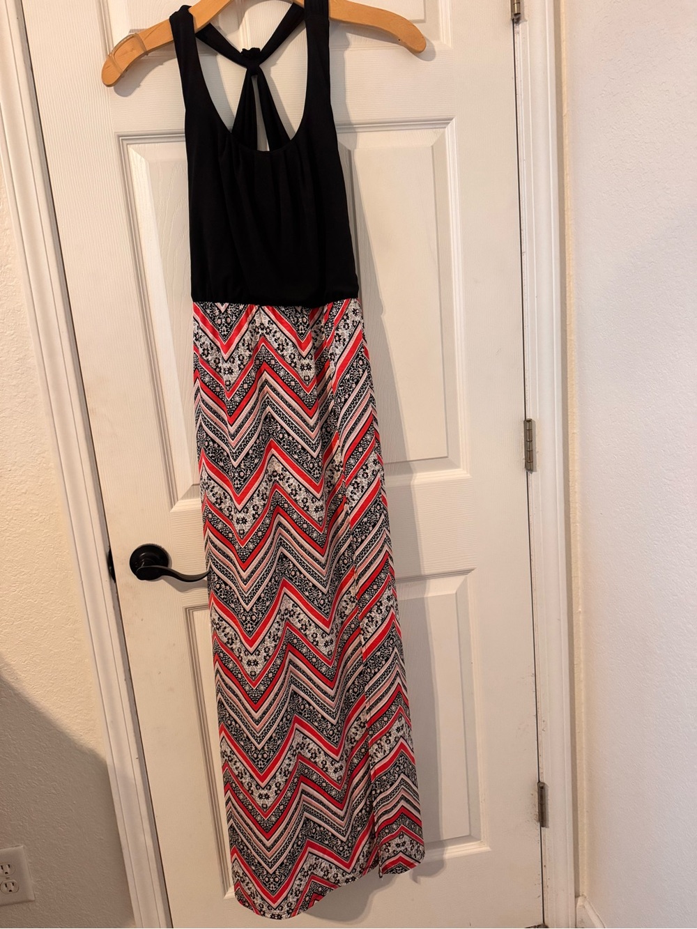Black Top Chevron Maxi Dress with Coral and White